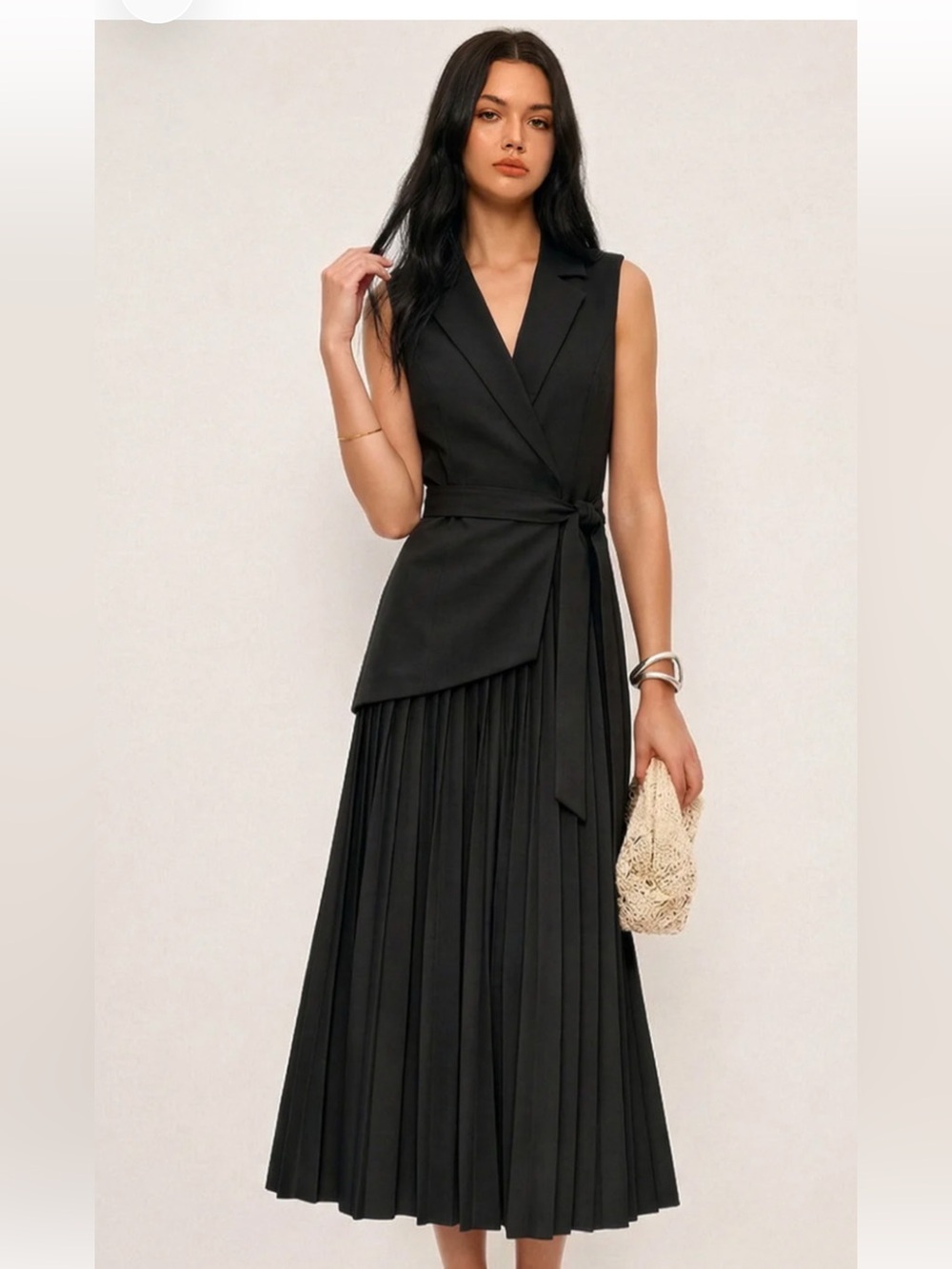 Commense Blazer Pleated Dress Black Wrap Tie Belt NWT Size Medium
